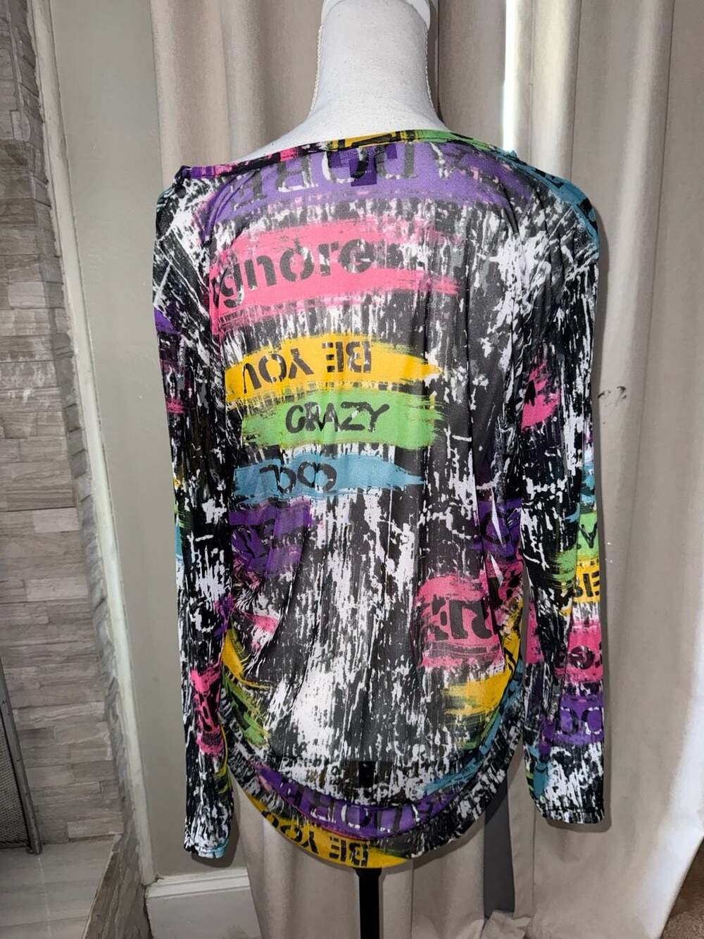 Rouge Collection Mesh Top Size 3X Multicolor Graffiti Print Long Sleeve